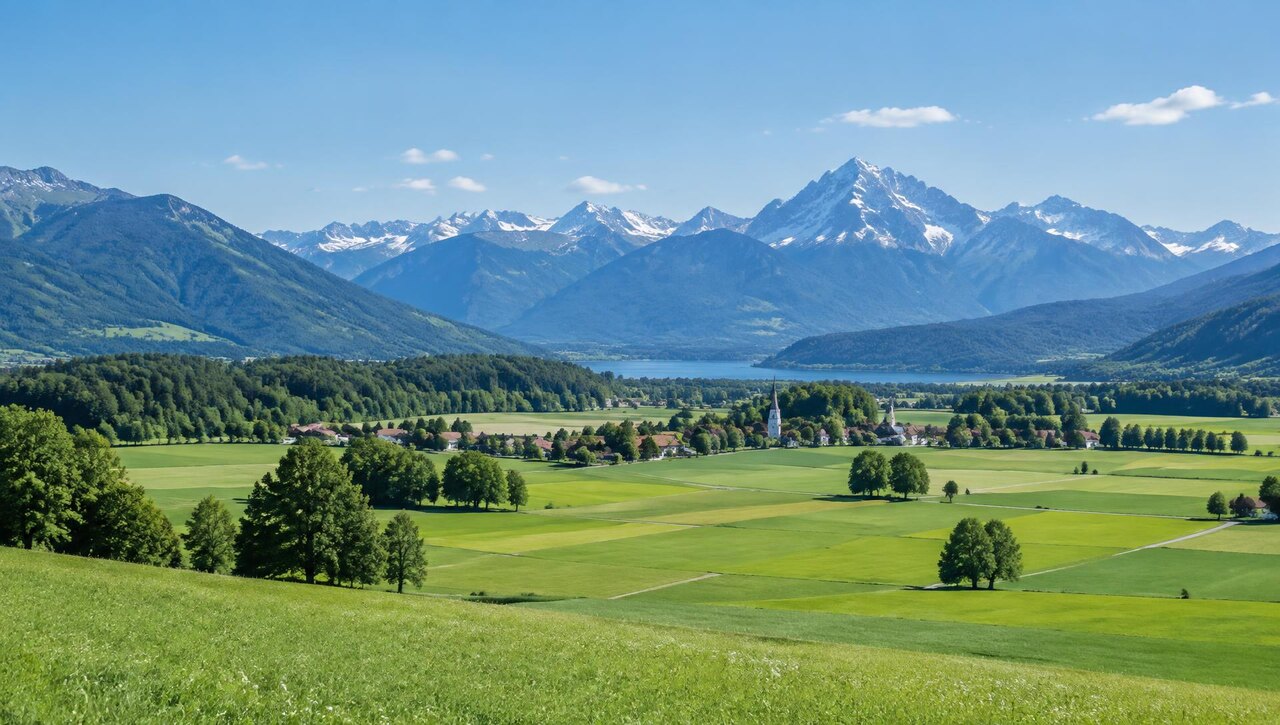 Weite Voralpenlandschaft mit Feldern und fernem Dorf