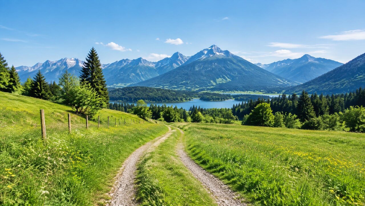 Voralpenlandschaft mit Wiesenweg und Blick auf die Berge