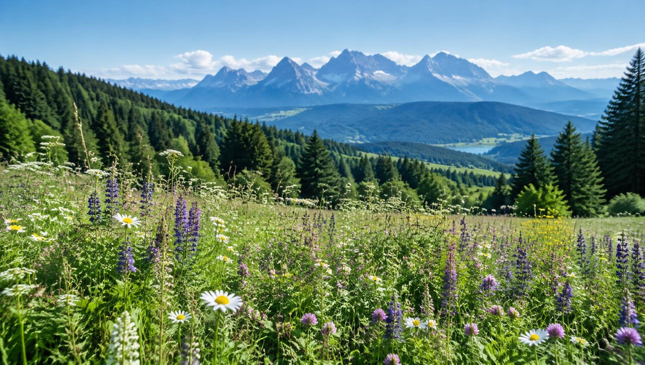 Blühende Wiese vor Wald und Bergen