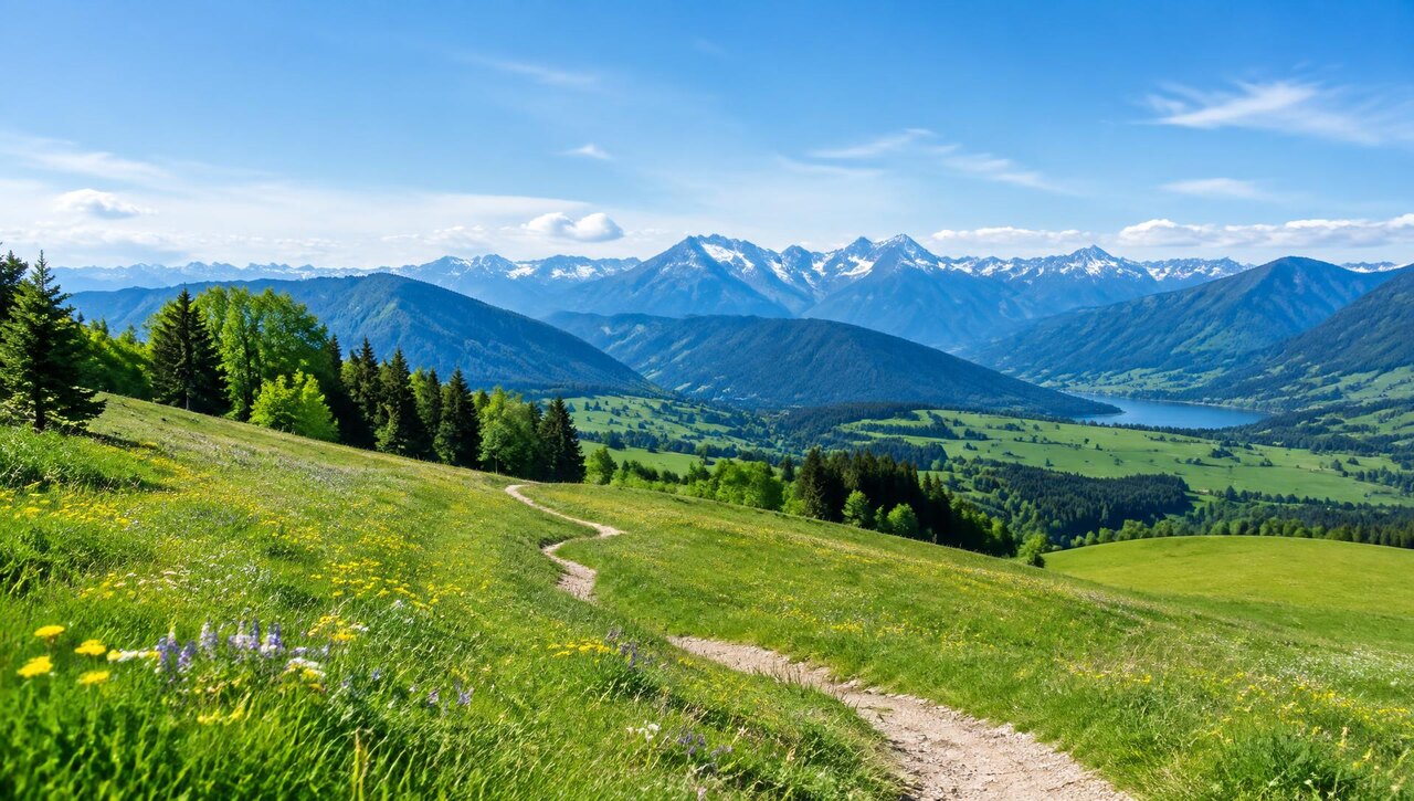 Frühlingswiese mit Weg und Bergpanorama