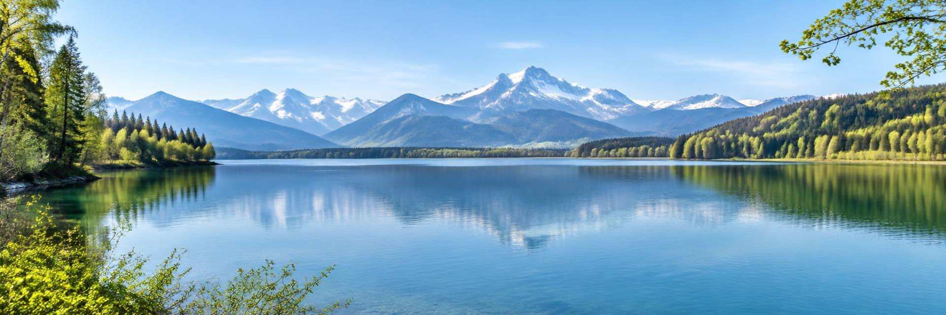 Ruhiger See mit Wald und Bergpanorama