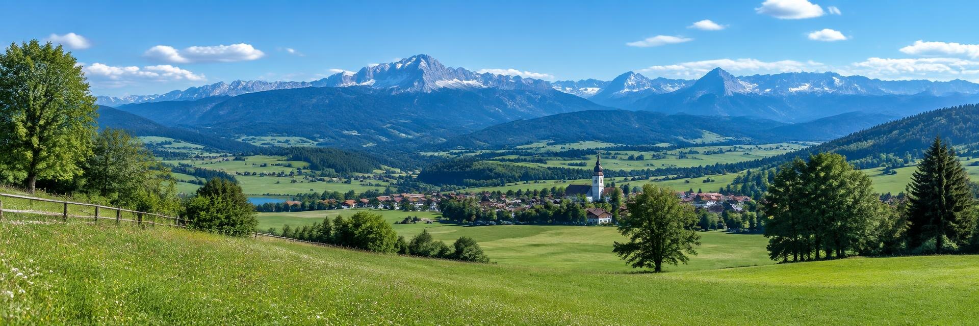 Voralpenlandschaft mit fernem Dorf und Bergkette