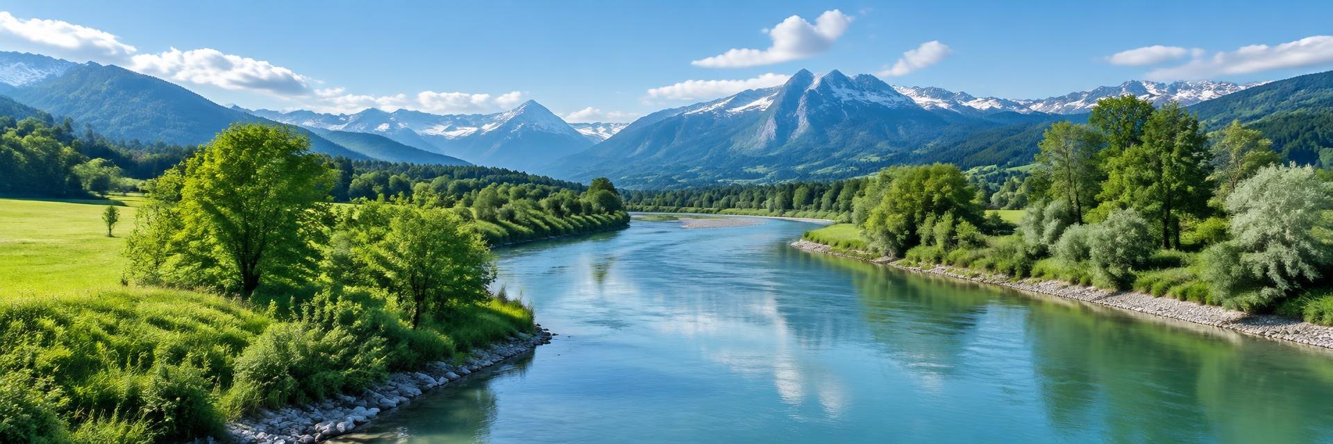 Flusslandschaft vor grünen Hügeln und Bergen
